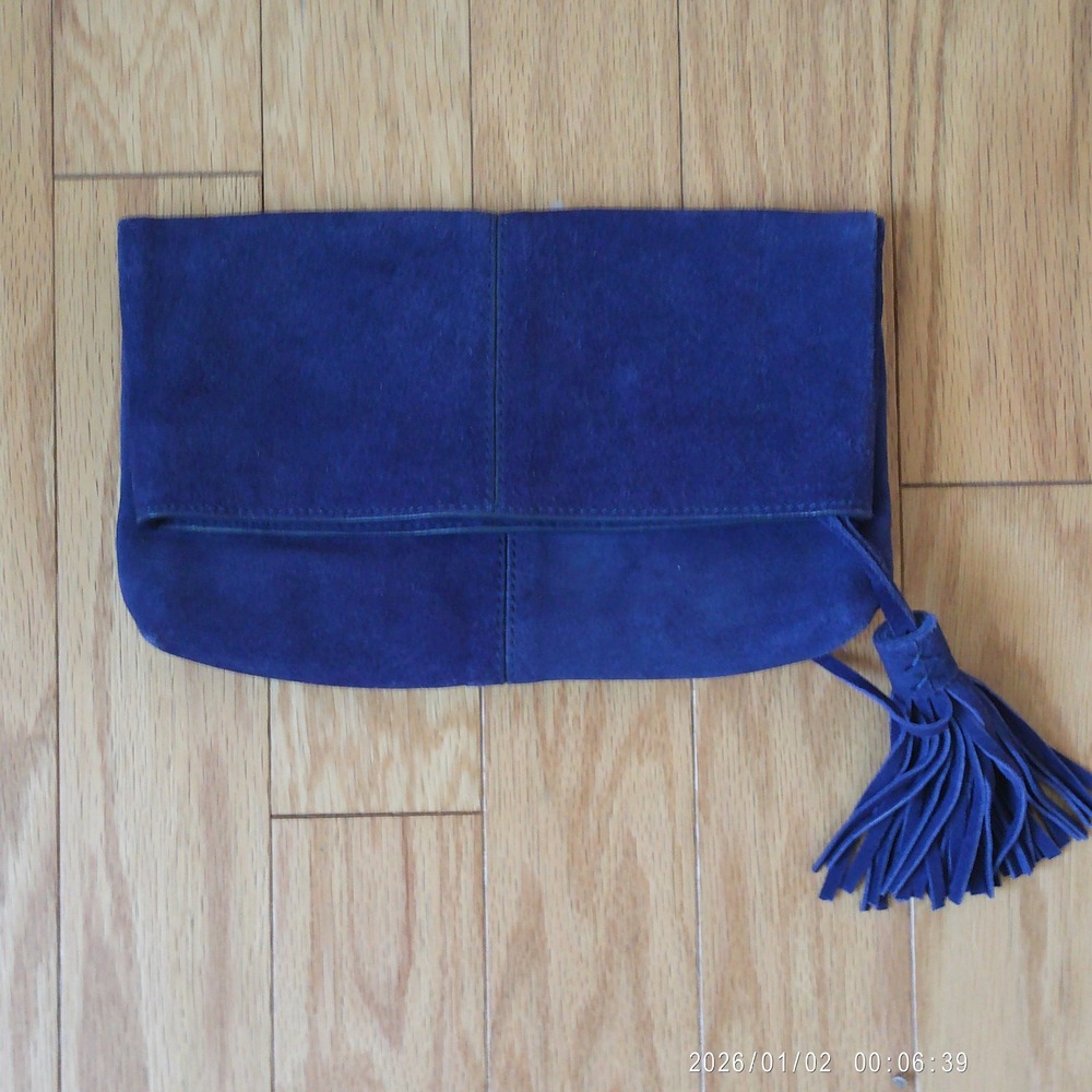 Leith Nordstrom 100% Leather Suede Boho Tassel Foldover Zipper Clutch OS Blue
